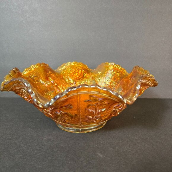 Vtg Imperial Glass American Beauty Open Rose Marigold Riffle Carnival Glass Bowl - Picture 9 of 14